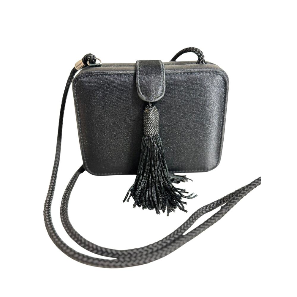 Jessica McClintock black satin evening mini purse tassel & pocket crossbody